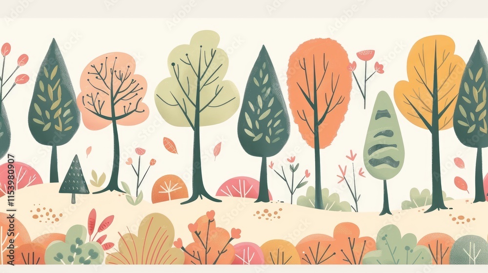 A whimsical illustration of colorful trees and foliage in a serene landscape. A whimsical illustration of colorful trees and foliage in a serene landscape.