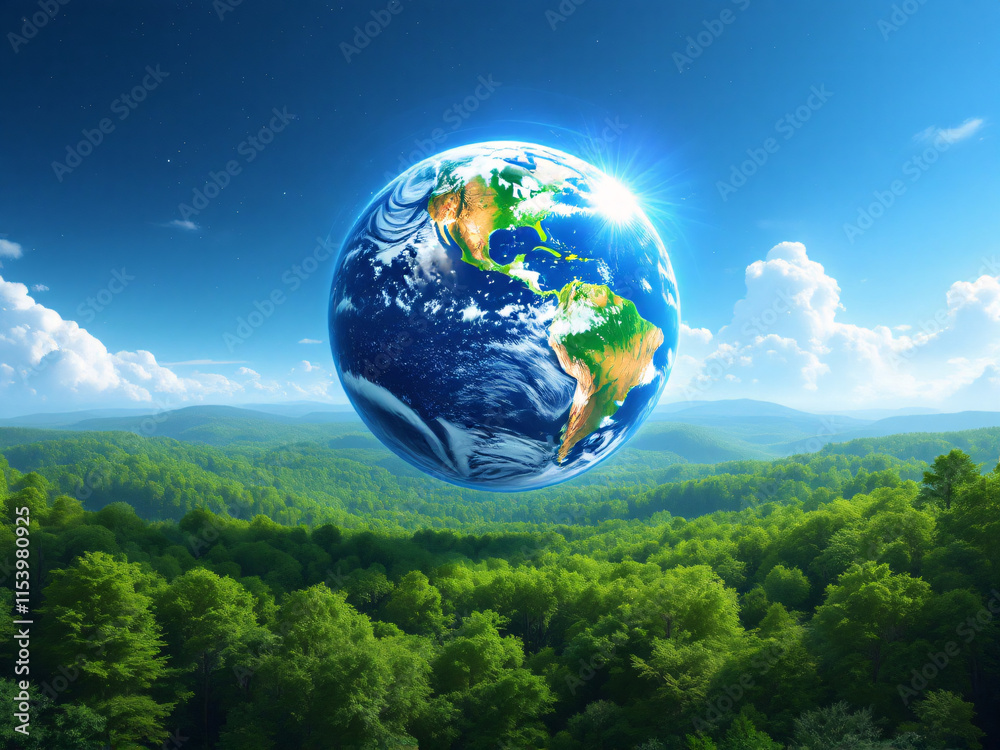 Vibrant Earth surrounded by lush trees under a bright, cloud-filled sky, symbolizing harmony. Vibrant Earth surrounded by lush trees under a bright, cloud-filled sky, symbolizing harmony.