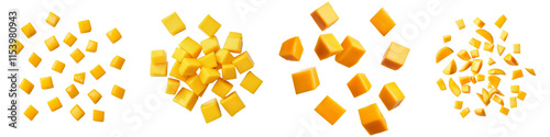 Mango cube slices, shown falling or floating, isolated against a transparent background in a PNG file.