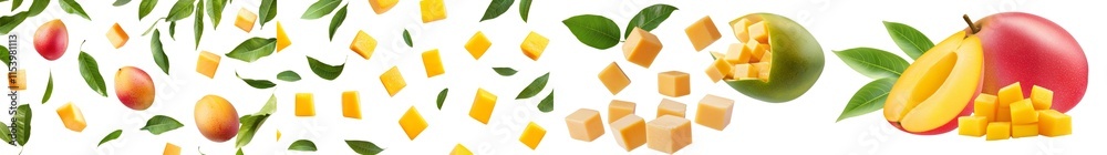 Floating or falling mango slices with green leaves, set against a transparent background.