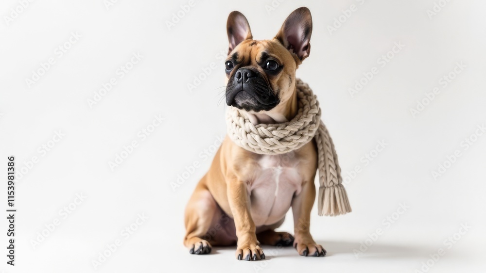 Obraz premium Adorable French bulldog with a warm scarf around his neck on a white background. The concept of caring for animals during the cold season