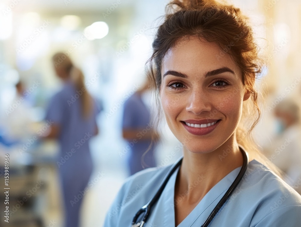 Dedicated nurse smiling in hospital setting during patient care medical environment professional perspective compassionate healthcare Dedicated nurse smiling in hospital setting during patient care medical environment professional perspective compassionate healthcare