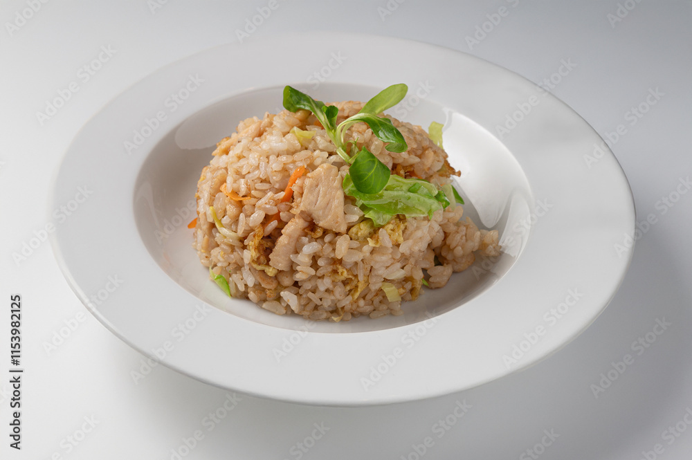 Cantonese rice with chicken and vegetables centered and isolated on white background Cantonese rice with chicken and vegetables centered and isolated on white background