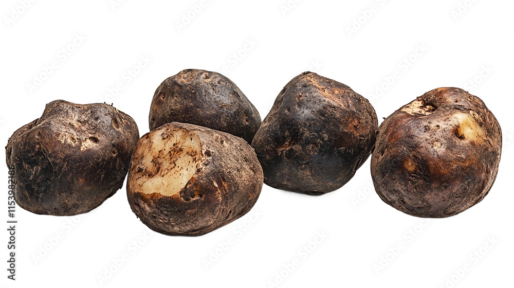A collection of five irregularly shaped black potatoes against a white background. A collection of five irregularly shaped black potatoes against a white background.