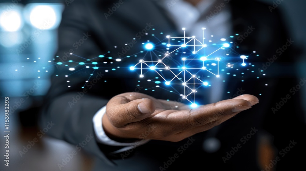 Person holding a network of glowing connections. Person holding a network of glowing connections.