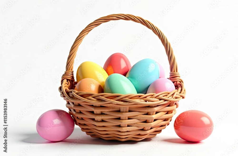A wicker basket filled with colored painted Easter eggs isolated on a white background, symbolizing joy, creativity and a happy Easter. Design element A wicker basket filled with colored painted Easter eggs isolated on a white background, symbolizing joy, creativity and a happy Easter. Design element
