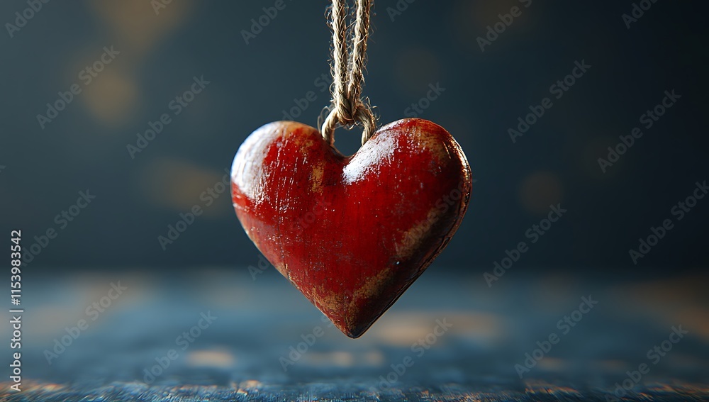 Fototapeta premium Red Heart Hanging from a Delicate String.