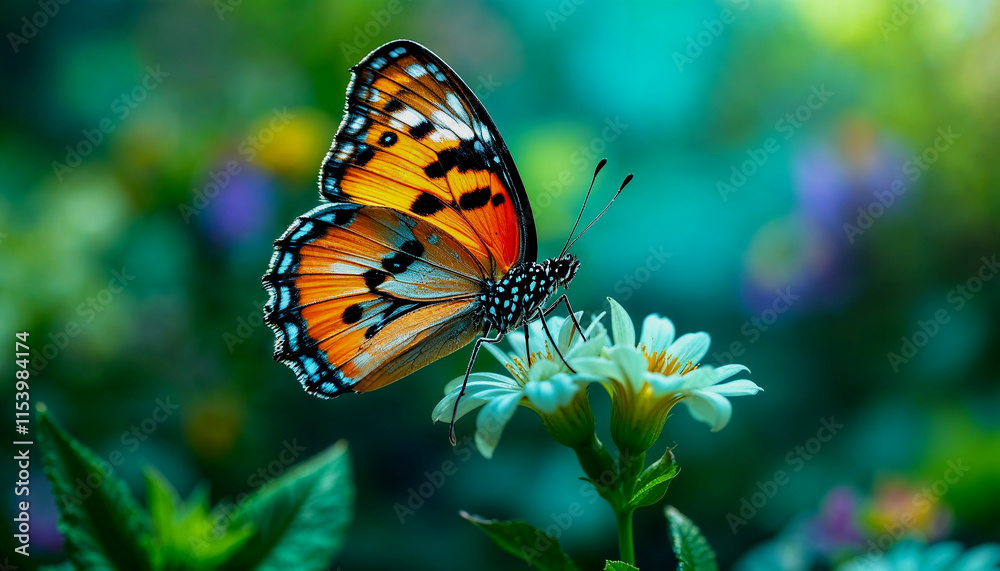 Obraz premium A close-up of an orange and black butterfly with spotted wings perched on a green flower