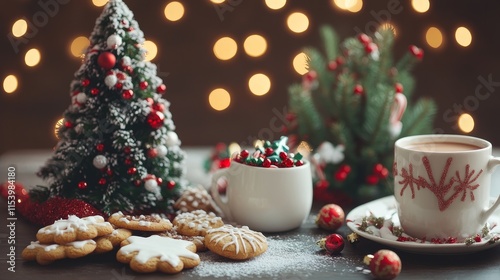 Beautifully Arranged Festive Treats, Decorations, and a Warm Drink Create a Cozy Holiday Atmosphere Perfect for Celebrating Christmas Time