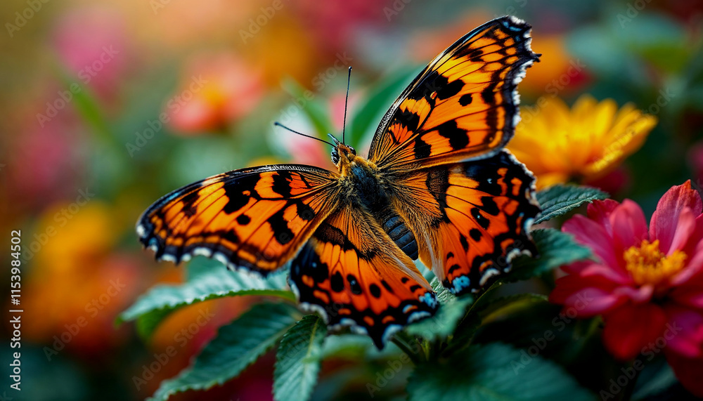 Obraz premium A close-up of an orange and black butterfly with spotted wings perched on a green flower