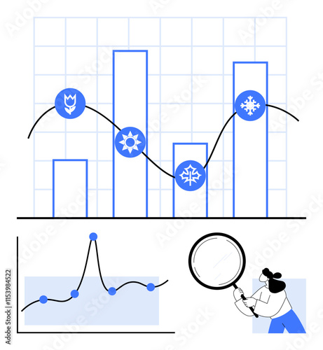 Bar graph with seasonal symbols trend line, analyst with magnifying glass. Ideal for data analysis, forecasting, climate study, research visuals, economic trends, business strategy. Line metaphor