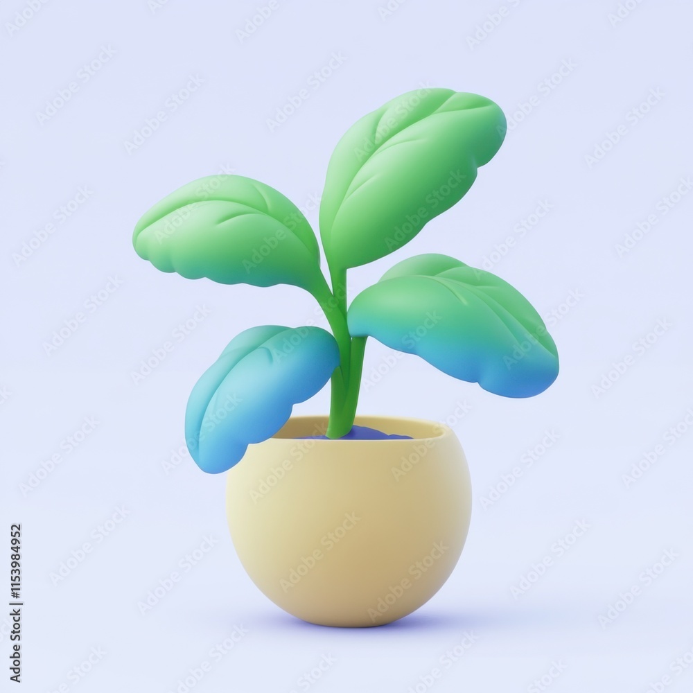 A 3D-rendered potted plant with three large green and blue leaves in a round yellow pot, set against a light blue background.