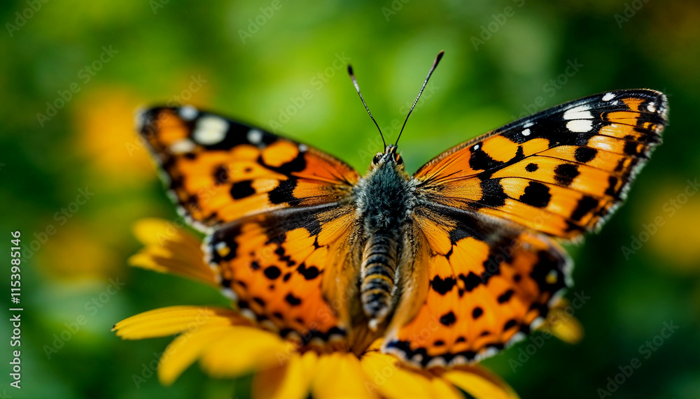 A close-up of an orange and black butterfly with spotted wings perched on a green flower A close-up of an orange and black butterfly with spotted wings perched on a green flower