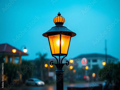 City ​​park lights that turn on in the afternoon when it rains heavily
