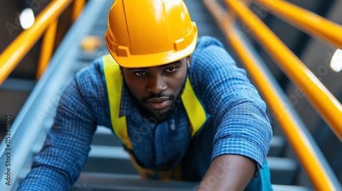 A focused construction worker wearing a safety helmet climbs a bright orange staircase, symbolizing hard work and dedication in the industrial sector. photo