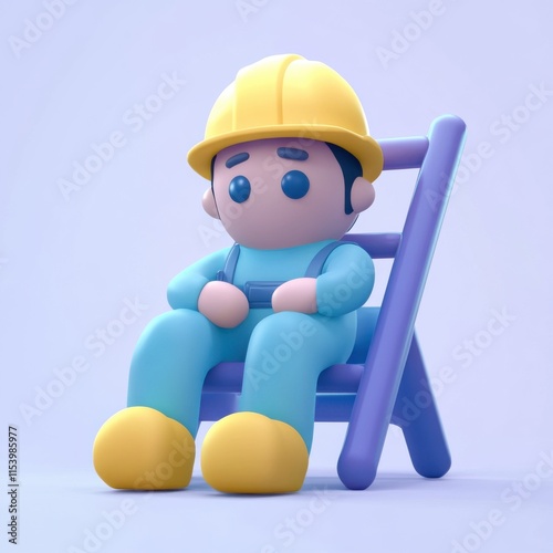 A 3D icon of a construction worker sitting on a blue chair, wearing a yellow hard hat and blue overalls on a light blue background.