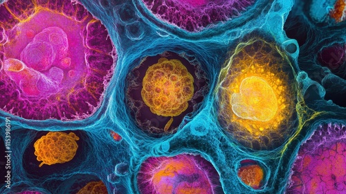 Microscopic view of mesenchymal stem cells, radiant and colorful, intricate textures, scientific detail