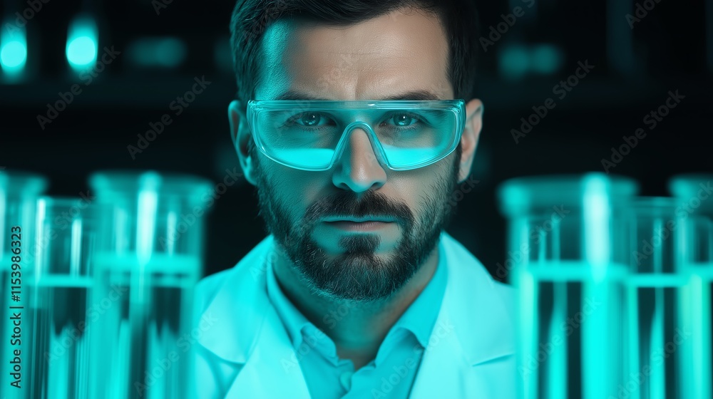 A focused scientist in a lab, surrounded by glowing test tubes and equipment, demonstrating the world of scientific research and discovery A focused scientist in a lab, surrounded by glowing test tubes and equipment, demonstrating the world of scientific research and discovery