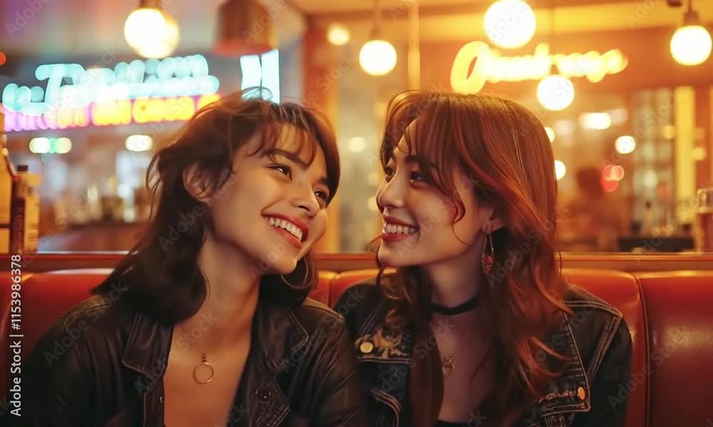 Two young girl lovely Friends Laughing in a Cozy Diner Booth with 90s Fashion and warm Lights Two young girl lovely Friends Laughing in a Cozy Diner Booth with 90s Fashion and warm Lights