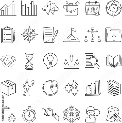 Business planning, strategy, management, teamwork, and project success icons