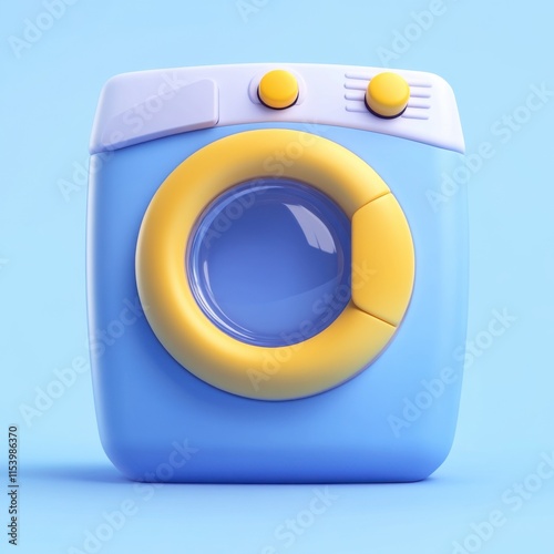 A 3D icon of a washing machine with a blue body and yellow door against a light blue background, featuring a minimalistic design.