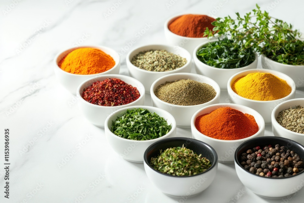 Vibrant Spices Collection in White Bowls Vibrant Spices Collection in White Bowls
