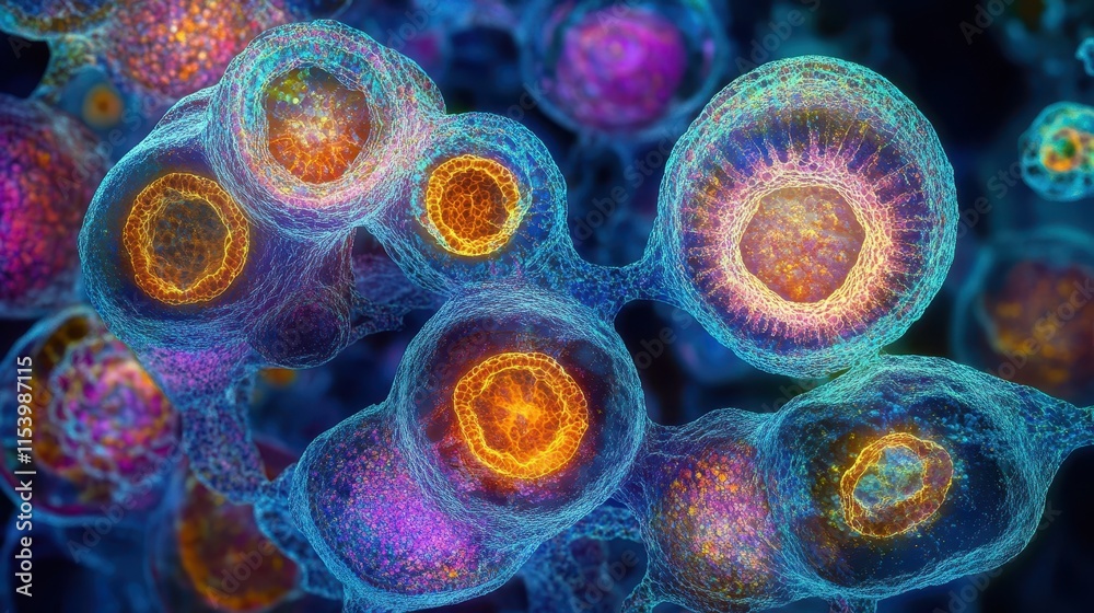 Mesenchymal stem cells in vibrant hues, intricate patterns, illuminated under a microscope, scientific imagery