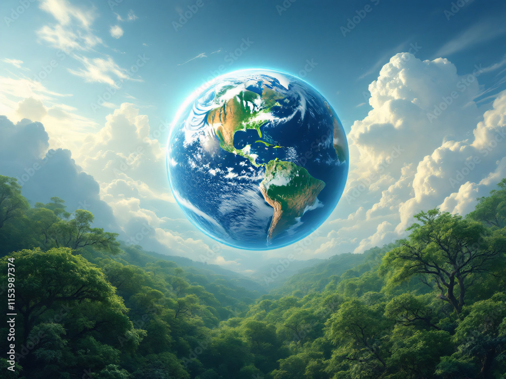 Vibrant Earth surrounded by lush trees under a bright, cloud-filled sky, symbolizing harmony. Vibrant Earth surrounded by lush trees under a bright, cloud-filled sky, symbolizing harmony.