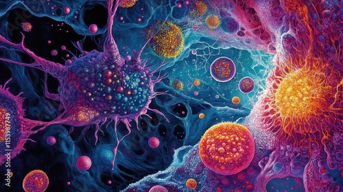 Artistic depiction of mesenchymal stem cells, rich colors, intricate patterns, vibrant biological imagery