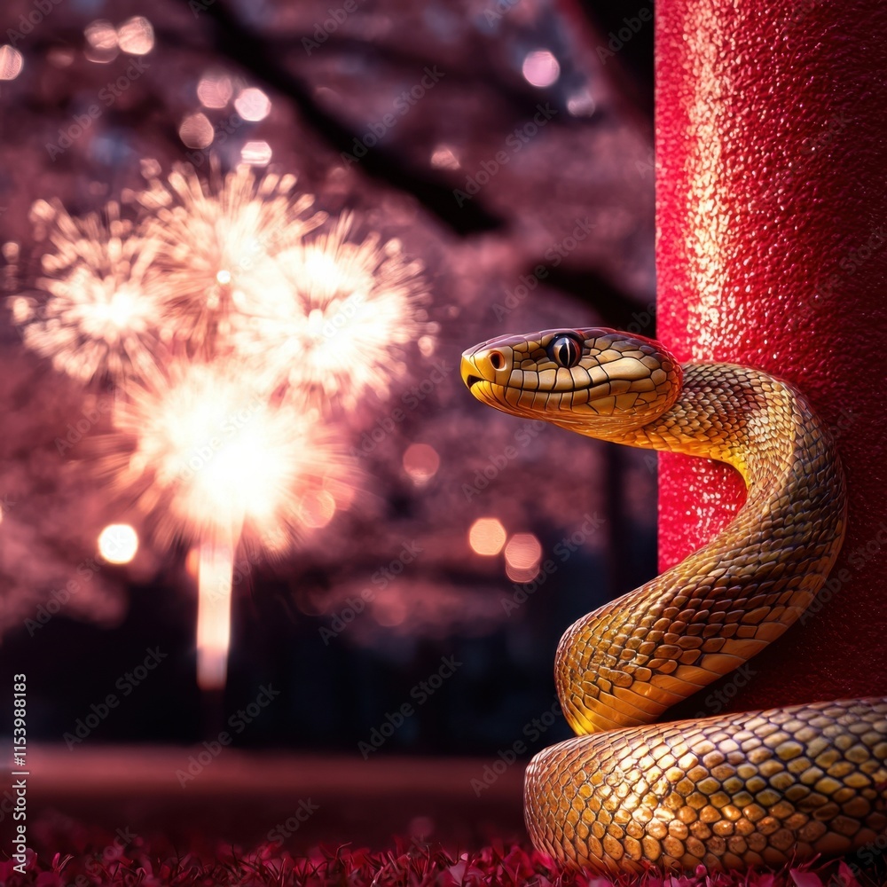 Chinese New Year 2025, A golden snake coiled near a bright red pole, with colorful fireworks illuminating the night sky in the background. Chinese New Year 2025, A golden snake coiled near a bright red pole, with colorful fireworks illuminating the night sky in the background.
