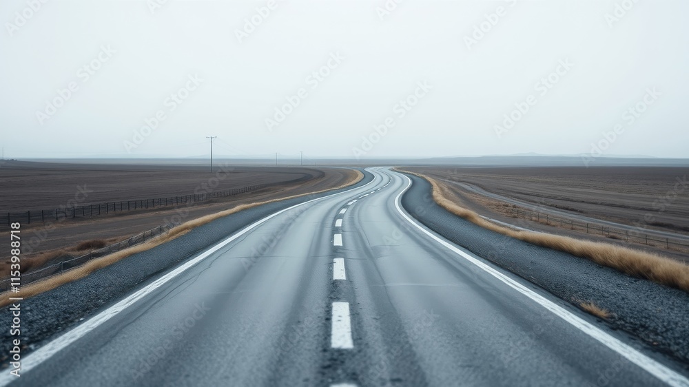 Fototapeta premium Empty asphalt highway curving through a flat, desolate landscape under a hazy sky