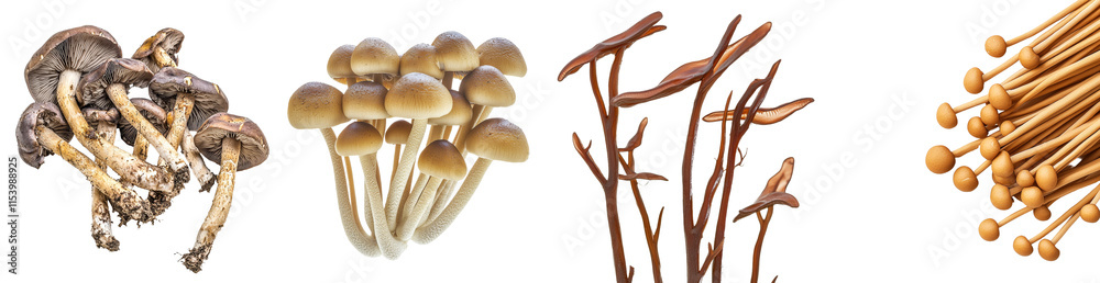 A cutout of an enoki mushroom, isolated against a white background. A cutout of an enoki mushroom, isolated against a white background.