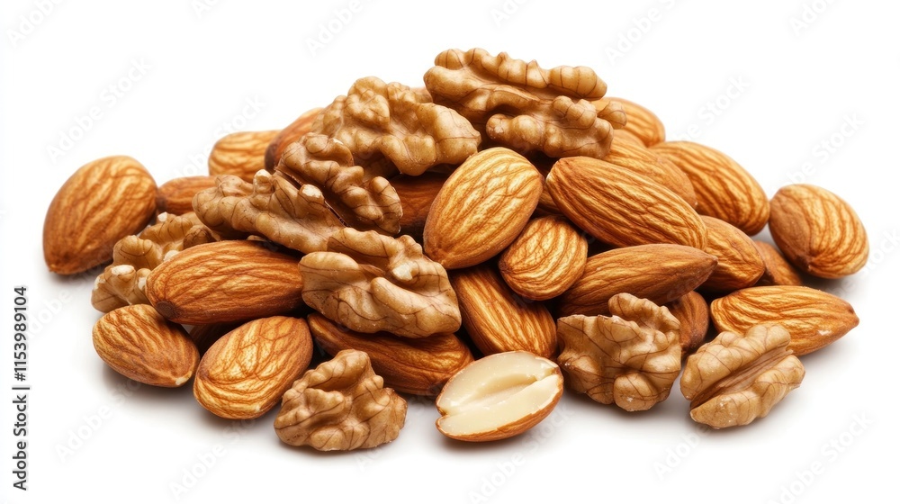 Close-up of almonds and walnuts on white background. Close-up of almonds and walnuts on white background.