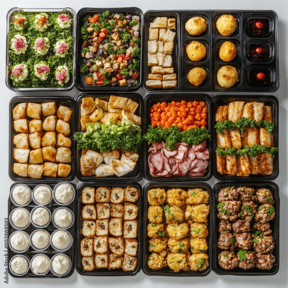 Catering buffet with variety of food snacks and appetizers.