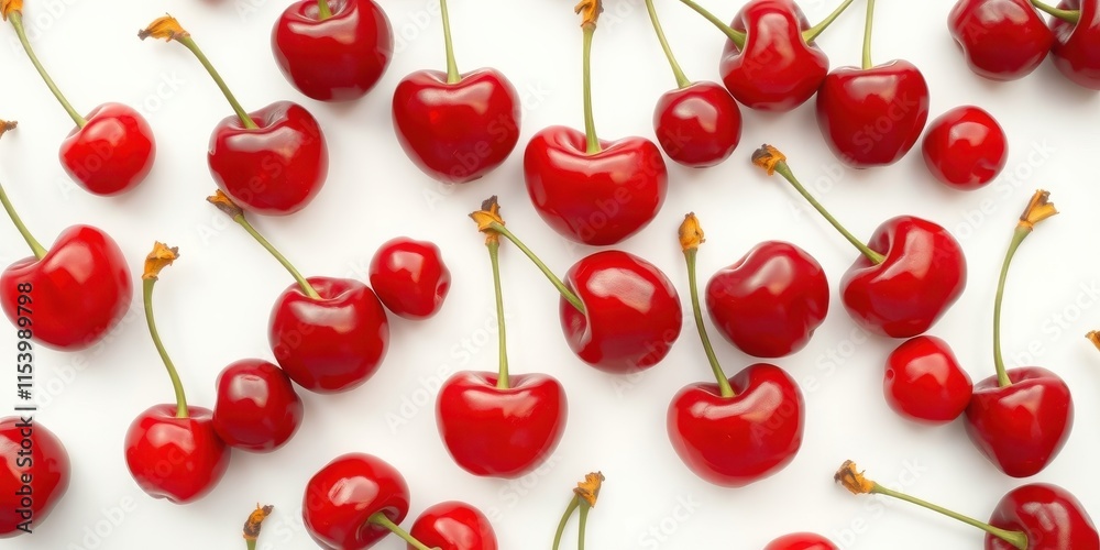 A vibrant collection of ripe cherries arranged on a pristine white background, showcasing their glossy texture and rich red hue. A vibrant collection of ripe cherries arranged on a pristine white background, showcasing their glossy texture and rich red hue.