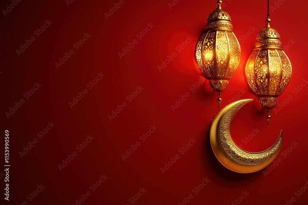 Elegant Crescent Moon Design with Lanterns Elegant Crescent Moon Design with Lanterns