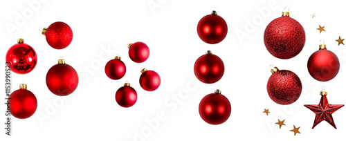 Three red Christmas balls, depicted falling, isolated on a white background.