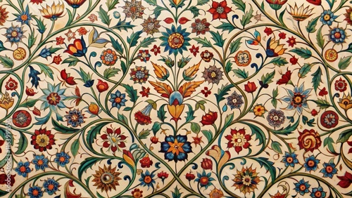 Intricate floral patterns with curved lines and swirling shapes reminiscent of Mughal art, ornate designs, indian architecture