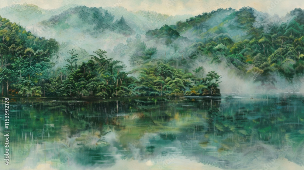 Misty morning landscape painting of a lake reflecting lush green trees and fog. Misty morning landscape painting of a lake reflecting lush green trees and fog.