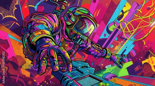 Futuristic astronaut clad colorful spacesuit reaches out navigate swirling chaos colors their helmet shielding their eyes they grasp control panel photo