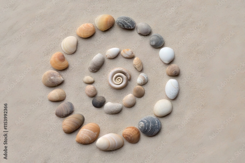 A mesmerizing spiral of seashells arranged on sand, showcasing the beauty of nature's artistry. A mesmerizing spiral of seashells arranged on sand, showcasing the beauty of nature's artistry.