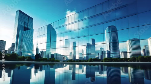 Modern office building or business center. High-rise window buildings made of glass reflect the clouds and the sunlight. empty street outside  wall modernity civilization. growing up business photo