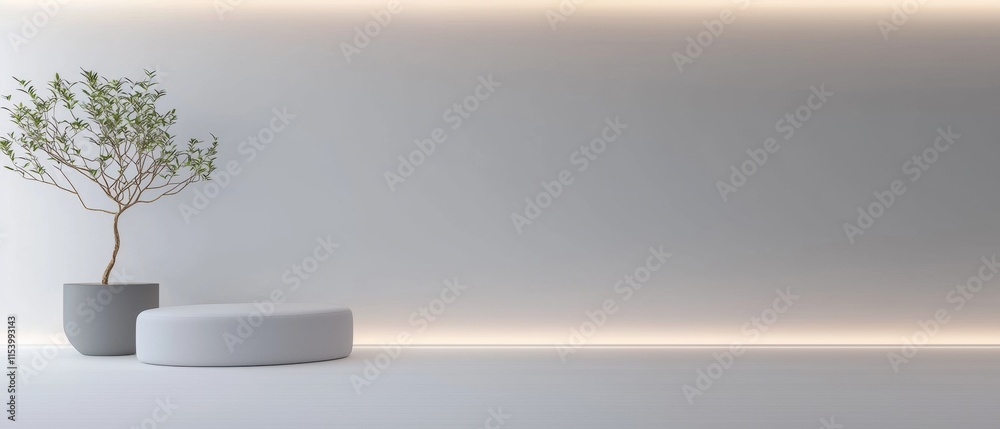 A white wall with a potted plant and a white couch A white wall with a potted plant and a white couch