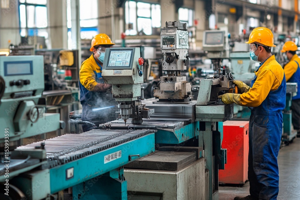 Workers operate machinery in a busy manufacturing facility with safety precautions in place Workers operate machinery in a busy manufacturing facility with safety precautions in place