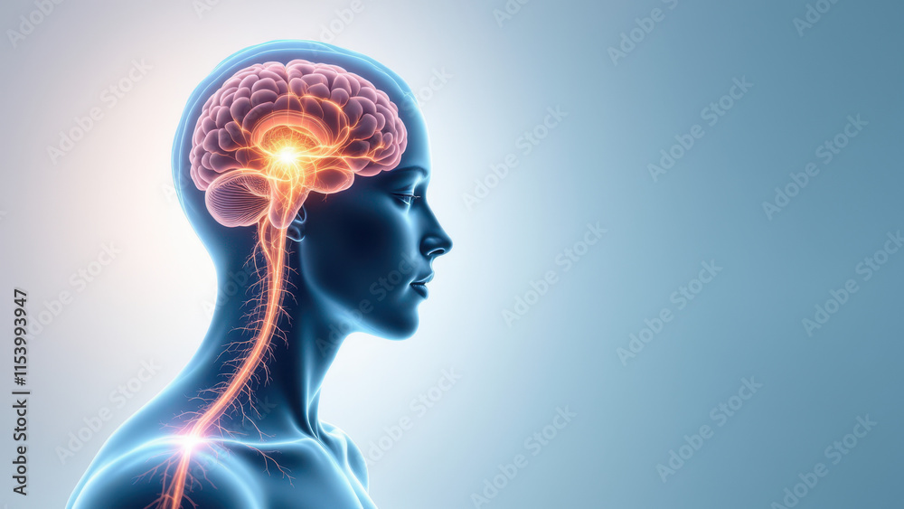 Vagus Nerve Stimulation (VNS) with detailed illustration of the nerve pathway through the neck and head to the brain. Vagus Nerve Stimulation (VNS) with detailed illustration of the nerve pathway through the neck and head to the brain.