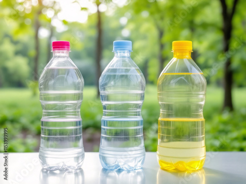 Bottles, plastic, water, blue, green, clear, outdoors, sunlight, table, eco-friendly, recycling, hydration, refreshment, beverage, transparent, nature, health, liquid, container, drink, environment, s photo