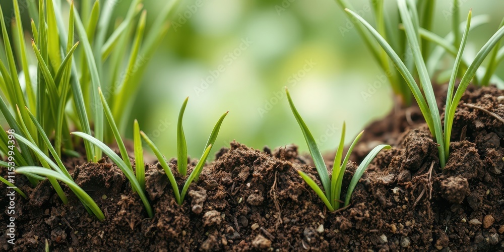 Vibrant Green Sprouts Emerging from Rich Earth, a Symbol of Growth and Renewal Vibrant Green Sprouts Emerging from Rich Earth, a Symbol of Growth and Renewal