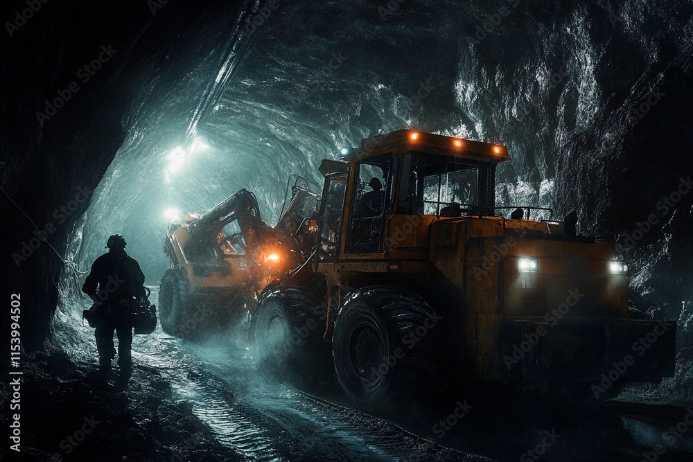 Heavy machinery operates deep underground in a dimly lit mining tunnel with dedicated workers Heavy machinery operates deep underground in a dimly lit mining tunnel with dedicated workers