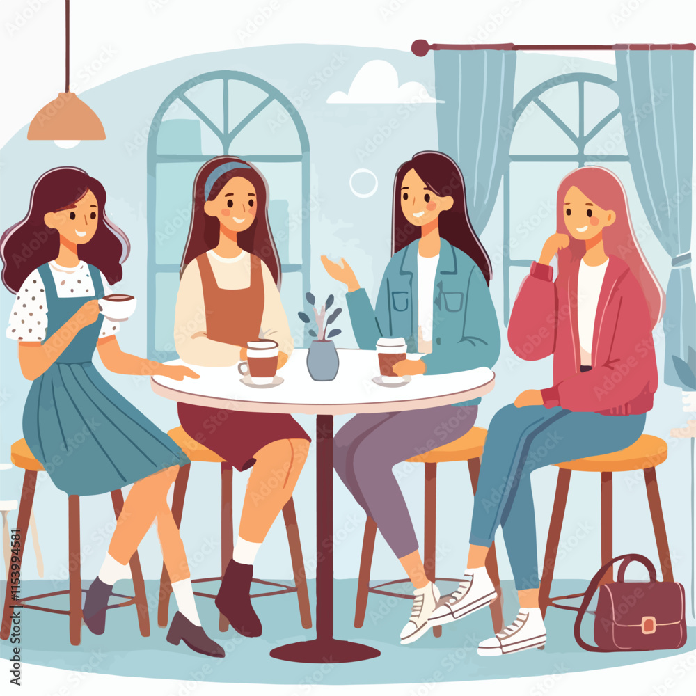Flat young girl friends in cafe on meeting vector image vector on a white background Flat young girl friends in cafe on meeting vector image vector on a white background