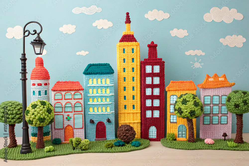 Fototapeta premium A captivating cityscape entirely made of crochet, showcasing intricate details and vibrant colors that bring the scene to life. The buildings vary in height and design - generated by ai